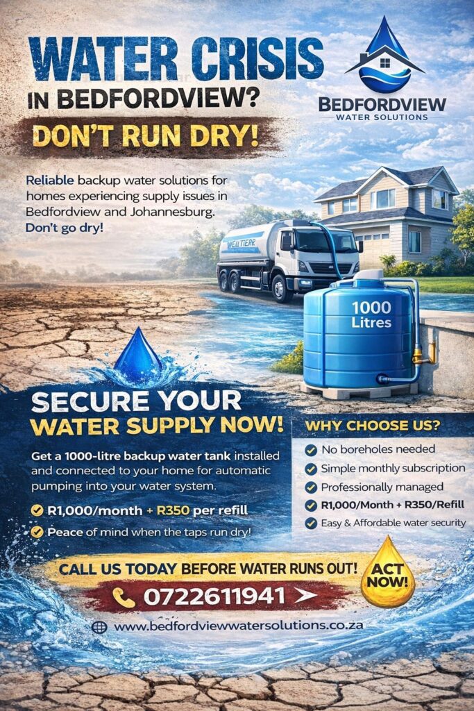 Bedfordview water emergency Number Backup water solutions for businesses facing supply reliability issues in Bedfordview and Johannesburg
