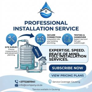 Our water installation service, ensures your system is seamlessly and reliably integrated into your home. This service is performed by professional, approved, and registered plumbers to guarantee adherence to safety standards and optimal performance. For a quick and secure installation that provides peace of mind, select our water installation option.